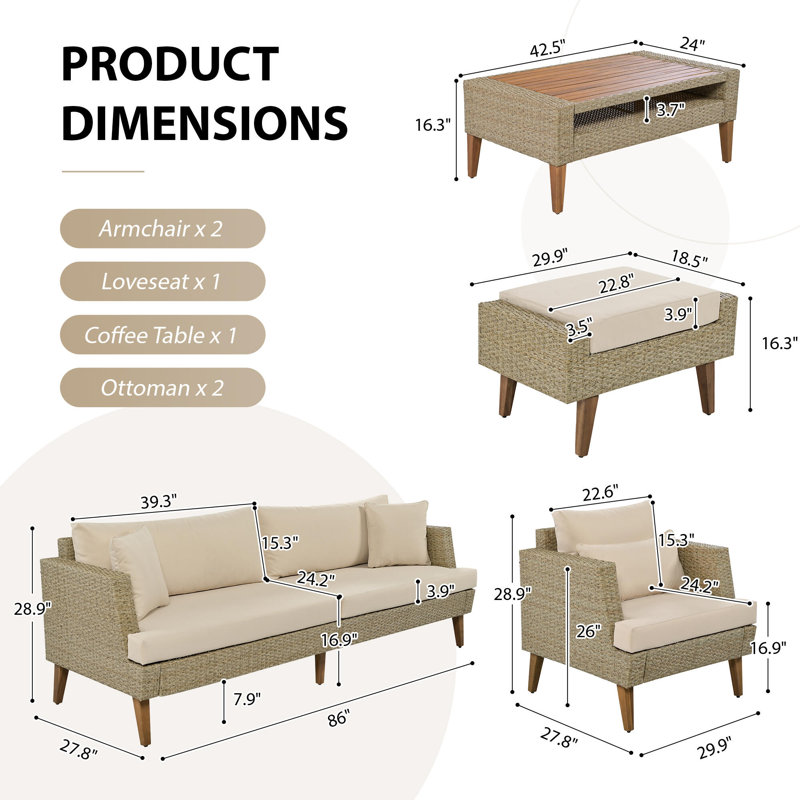 Ensemble de conversation d'extérieur en osier 6 pièces avec table basse et repose-pieds, coussins et coussins, Brun