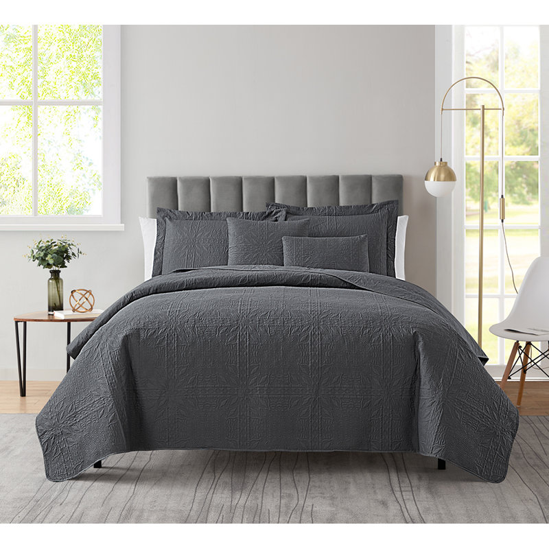 Grid Weave Premium Microfiber Reversible Quilt Set, Twin Quilt + 3 Shams, Charcoal Gray