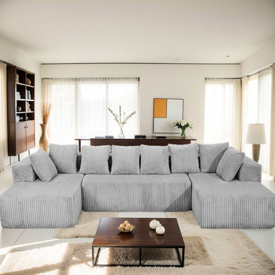 Gray Striped Corduroy, 4 - Seater, Modular U Shaped , Customizable, Comfortable, Shared Bedrooms Open Plan Living Spaces