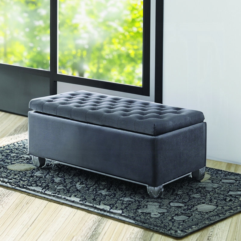 Banc de rangement gris sans dossier avec accoudoirs sans dossier avec assise en velours entièrement rembourré, structure en bois d'eucalyptus, pieds en caoutchouc Kd, capacité de charge de 300 lb, profondeur de siège de 16 po, siège de niveau 19 po,