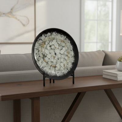 Plat décoratif avec support, céramique noire et blanche, 18 po