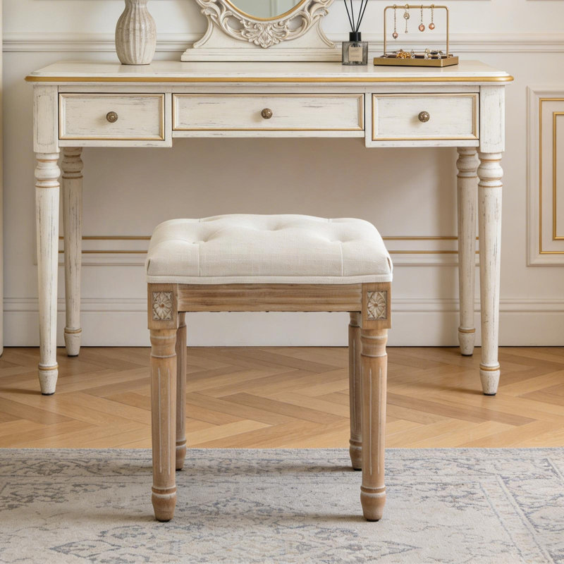 Tabouret de coiffeuse capitonné avec revêtement en lin et pieds en bois sculpté, Beige / patchwork, Beige