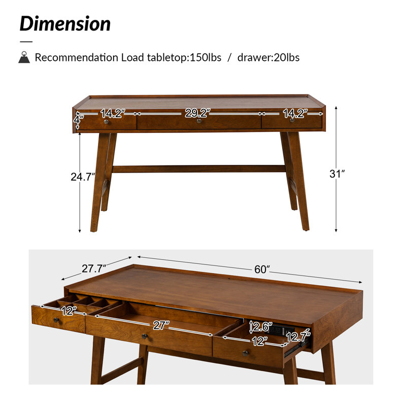 Bureau d'écriture Mid-Century moderne en bois massif Adakras, Noyer
