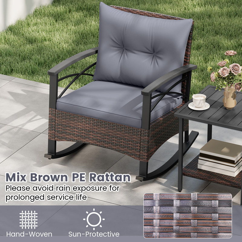 Winston Porter 3 Pcs Patio Rocker Set With 2-tier Coffee Table & Soft Seat Back Cushions Outdoor