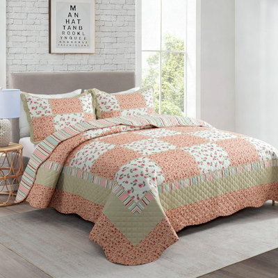 HoneiLife King Size Blended Fabric Reversible Orange Safflower Vein‑Stripe Print Quilt Bedding Set with Pillow Shams
