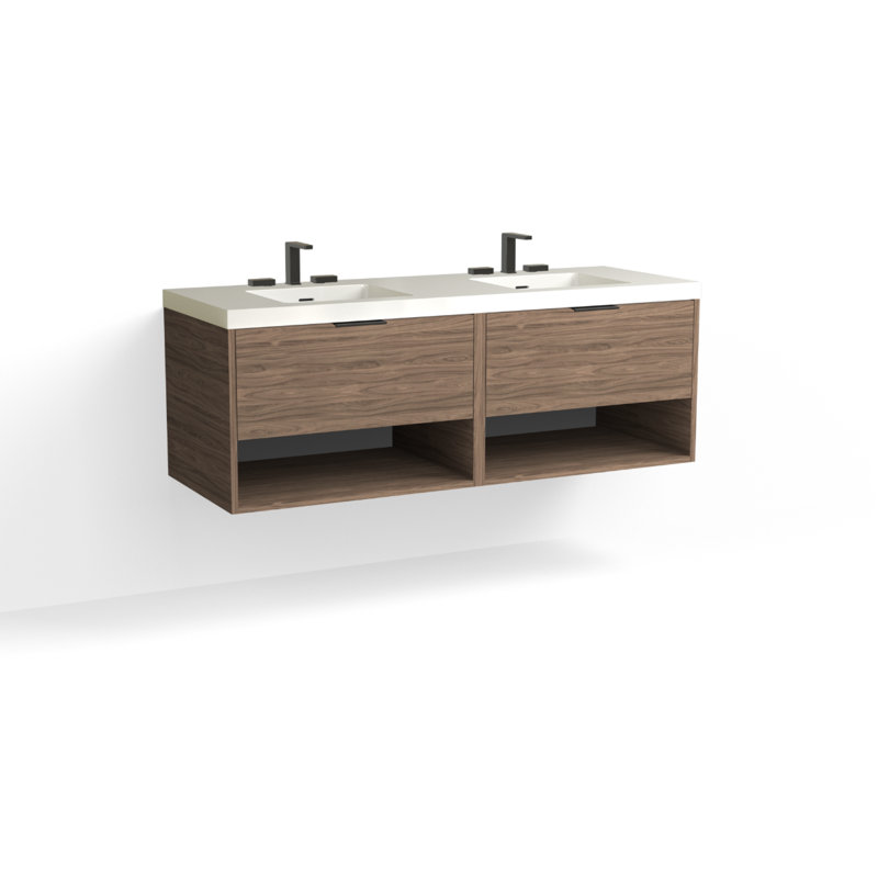 Modo 60" W Wall Mounted Double Bathroom Vanity, Matte White/8" Widespread, Satin Nickel, White Acrylic