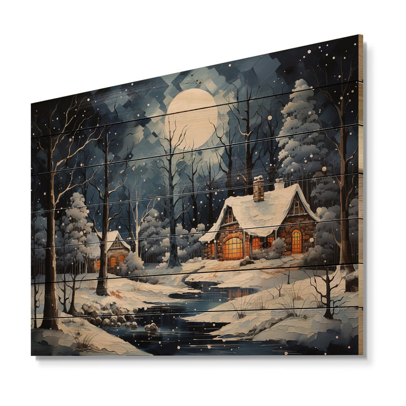 Christmas Winter Cottage Scenery II - Paysage d'hiver sur bois, H 24 po x l 32 po
