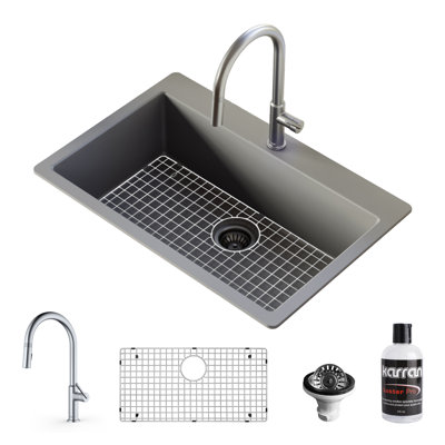 Évier de cuisine à simple cuve à montage sur plan avec robinet 33 po x 22 po Karran Quartz
