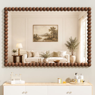 Miroir mural rectangulaire, cadre à perles, miroir à cadre brun noyer, à fixer au mur ou à poser, pour salle de bain, entrée ou salon