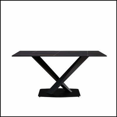 Table de salle à manger moderne en pierre artificielle noire avec pieds en X en métal, pouvant accueillir 6 personnes, parfaite pour les espaces contemporains