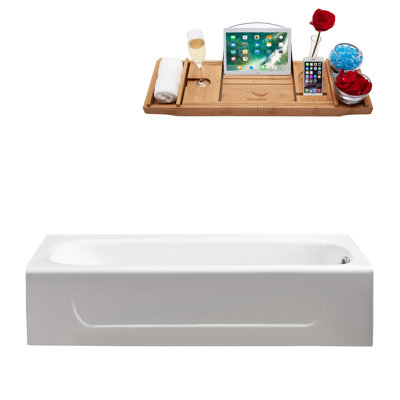 60" Streamline Alcove Soaking Cast Iron Bathtub With Bamboo Tray
