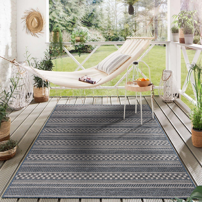 Hutto Geometric Blue/Gray/Ivory, Indoor & Outdoor Area Rug, Rectangle 5' x 7'