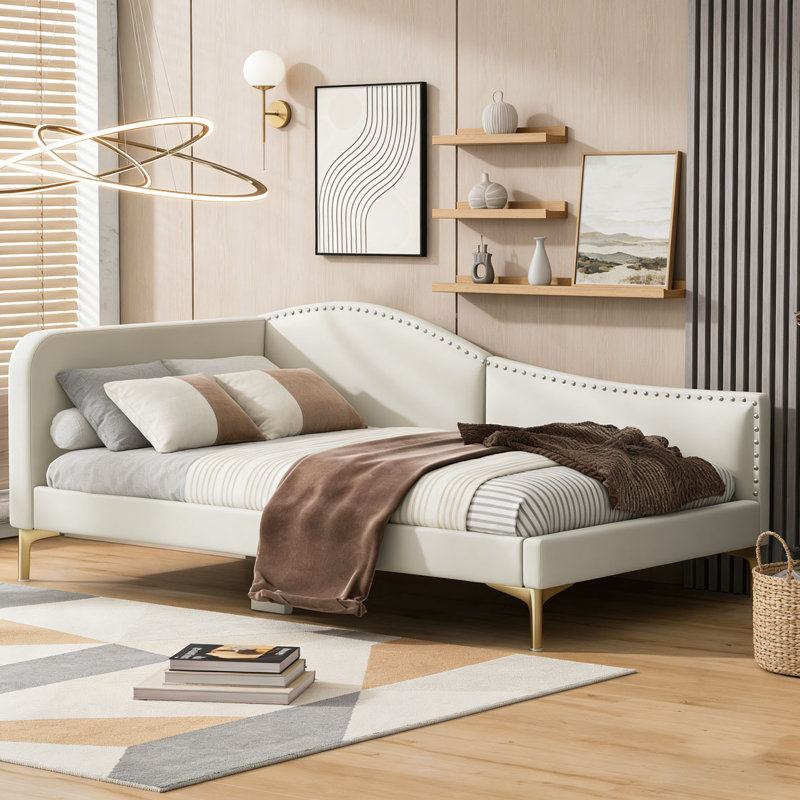 Upholstered Daybed with Headboard and Armrest, Beige, Twin