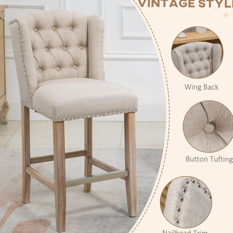 Gray Linen Counter Height Bar Stools with Wood Legs, Set of 2
