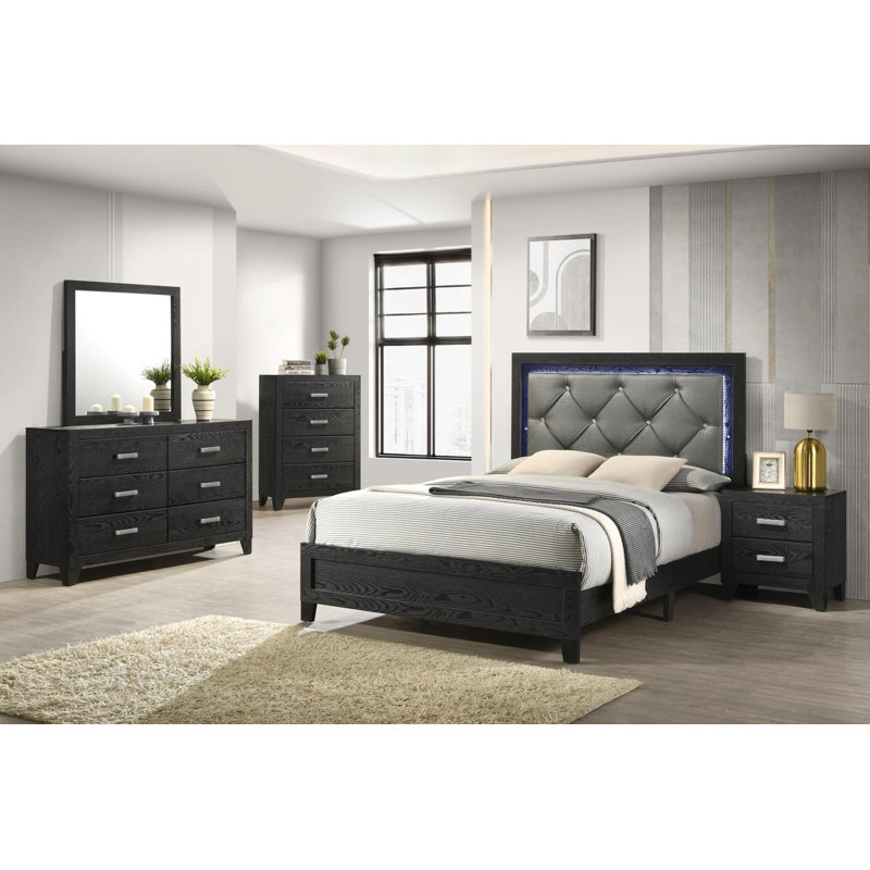 Structure de lit double - Commode - Miroir - Commode - Table de chevet, Double