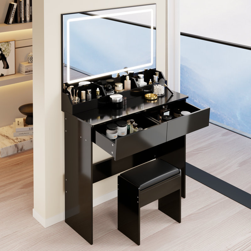 Table de coiffeuse à miroir 31 po avec tabouret rembourré à DEL, éclairage à intensité variable 3 couleurs, bureau de maquillage noir compact