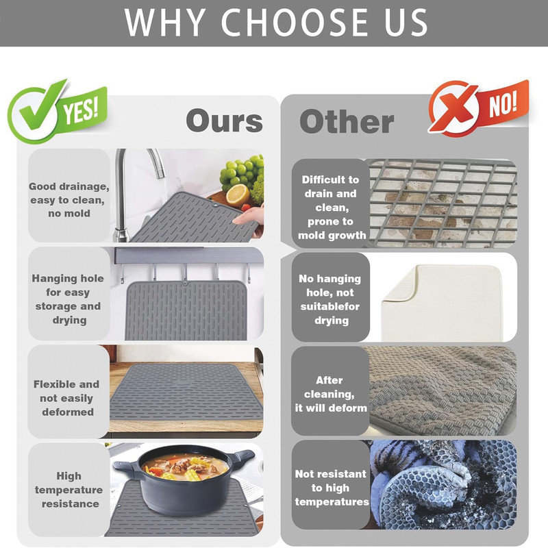 Light Grey Countertop Sink,Mat Silicone Dish Drying Mat Set of 2 - Extral Large, 0.1" H x 15" W x 10" D