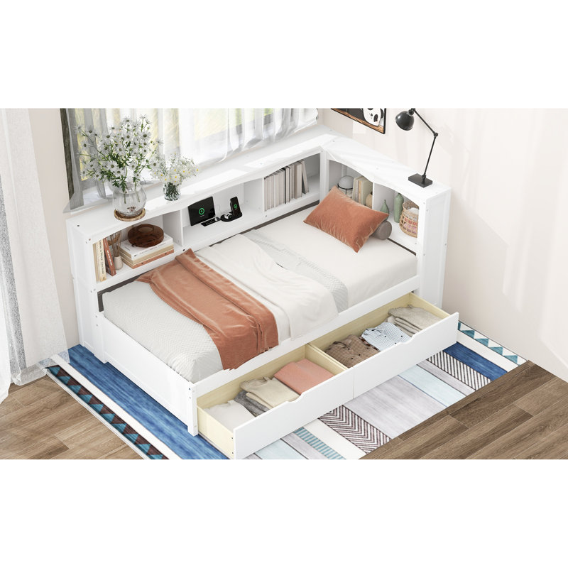 Lit de jour simple blanc avec prises et rangement - Bois massif pour une addition de chambre à coucher élégante