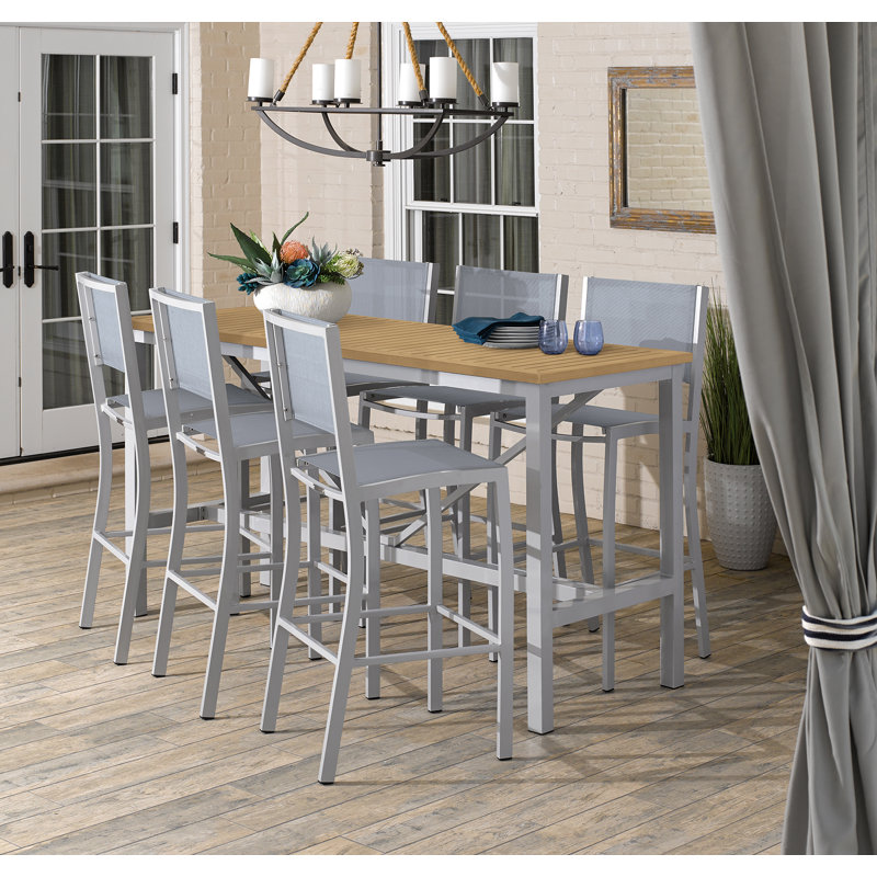 Travira 7-Piece Bar Table and Sling Bar Chair Rectangular Dining Set - 72"x30", Slate, Silver/Light brown