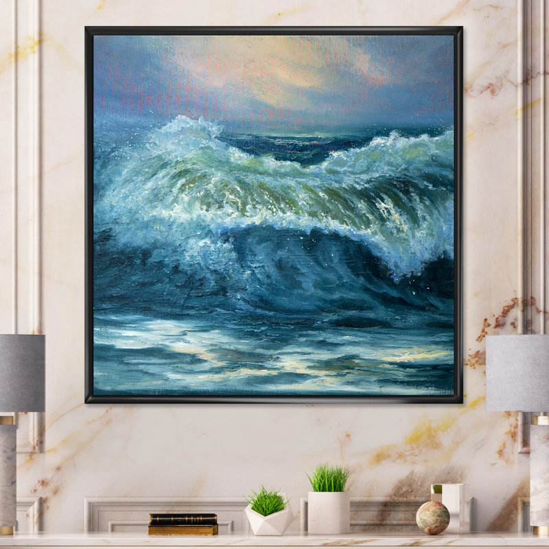 " Wild Blue Ocean Waves XIX ", 16" H x 16" W x 1" D, Black Floater Framed Canvas