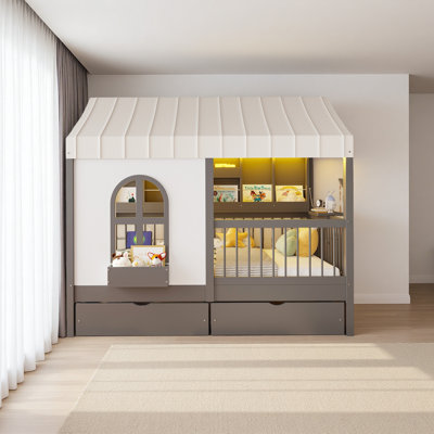 Full Size House Bed With 2 Large Drawers, Side Bookshelf With LED Strip