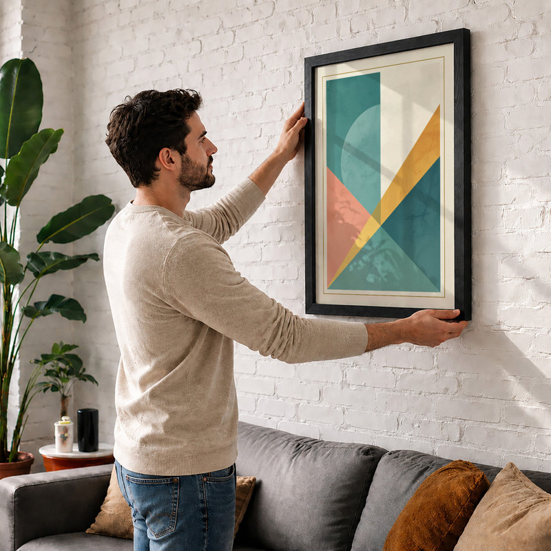 Geometric Balance Mid-Century - Framed Print, A2 - 59.4 x 42.0 cm, Walnut