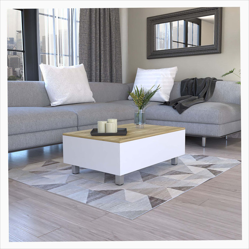 Table basse à plateau relevable Levan Gambia, quatre pieds - blanc / chêne clair