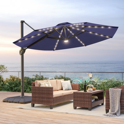 Parasol en porte-à-faux à DEL en aluminium 11 pi avec base pour terrasse
