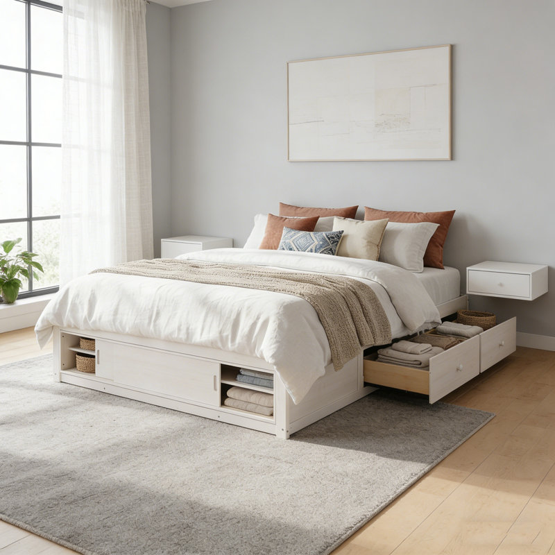 Grand lit plateforme antique blanc - 4 tiroirs de rangement + casier de pied de lit, sans tête de lit, conception moderne peu encombrante