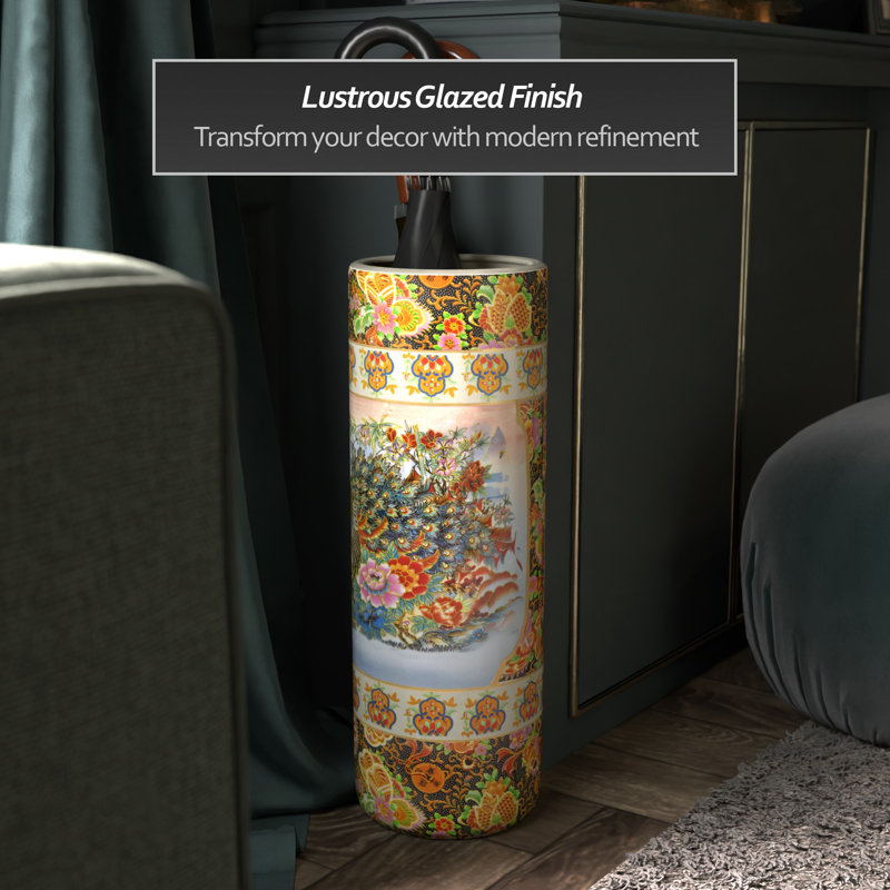Umbrella Stand, Peacock and Floral Yellow