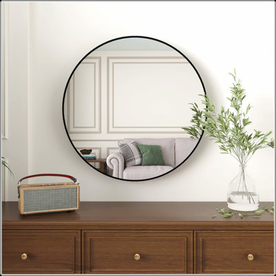 Sleek Black 36 Inch Metal Framed Round Bathroom Mirror, Perfect For Modern And Stylish Decor