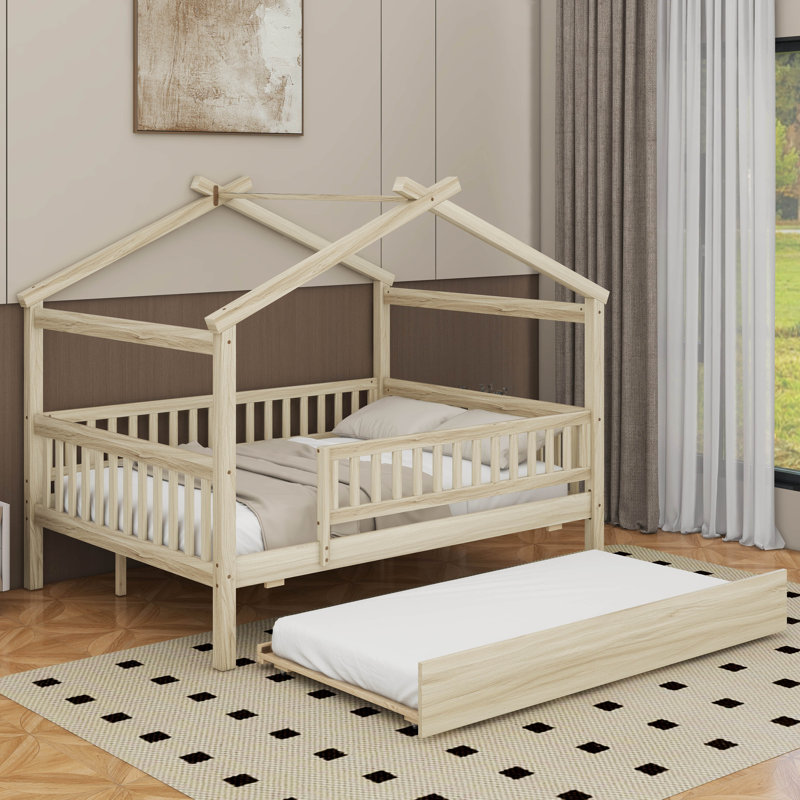 Lit double en bois avec lit gigogne, Naturel, Lit double