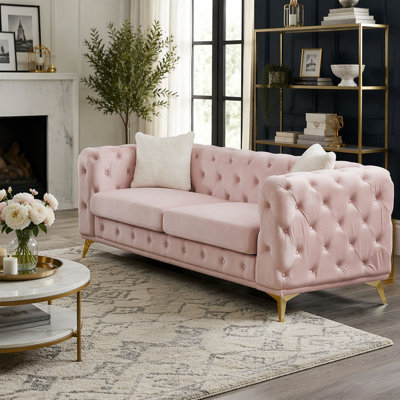 Chesterfield Velvet Sofa, 82.5 Inch, Pink, Tufted Living Room Couch with Metal Legs and 2 Pillows