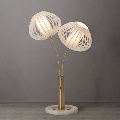 Lampe de table 2 lumières Bloom - laiton patiné, base en marbre blanc, abat-jour en satin blanc