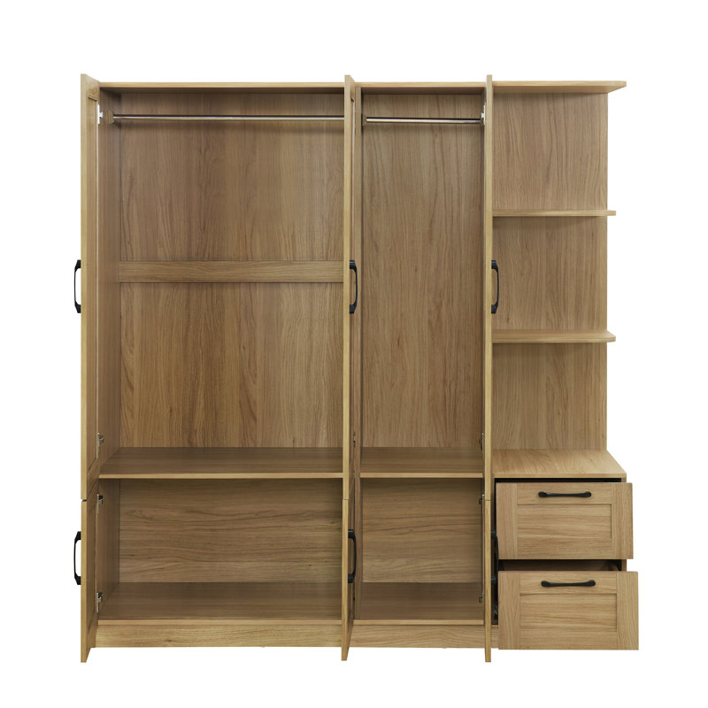 Armoire en bois avec tablettes de rangement latérales, 2 tiroirs et armoires, Naturel