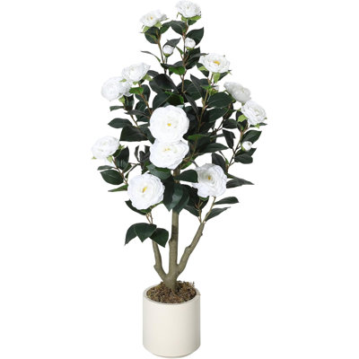 3FT Artificial Camellia Tree, Lifelike Silk Blooms, Faux Indoor Outdoor Plant