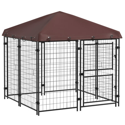 Chenil d'extérieur 4,6 pi x 5 pi avec housse imperméable, parc pour chiens de petite et moyenne taille avec porte en deux parties, brun