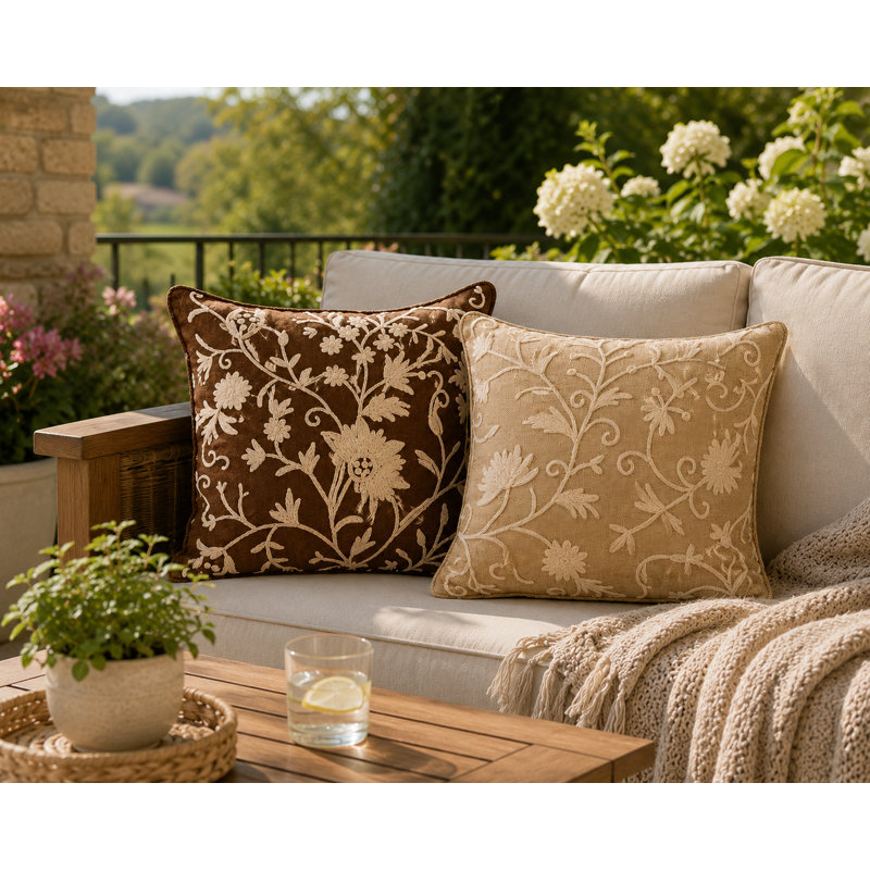 Vine Embroidered Feather Linen Reversible Throw Pillow, Coffee, Feather