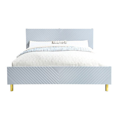High Gloss Gray Ek Bed Featuring Wave Pattern And Metal Legs, 39 Slats, 4 Support Kd Structure, 660lbs Limit, 86"w X 81"d 46"h With Pattern, Fully Kd, No Box Spring, Capacity,