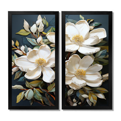 Blanc blanc jaune Magnolias Southern Charm Patchwork - art encadré Magnolias, ensemble de 2 décorations murales florales blanches