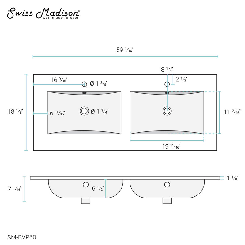 Swiss Madison 60" Vanity Top Bathroom Sink, Glossy White, Single