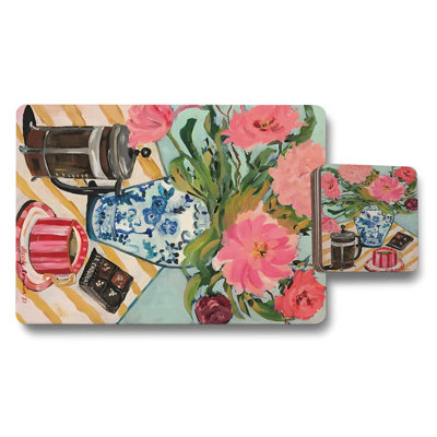Placemat And Coaster Set Floral Still Life Artwork With Wood Bottom And Fine Art Print Technology Exclusive Collection