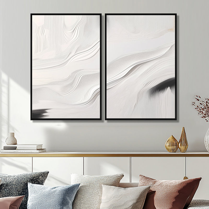 White And Grey Ripples Of Stone V - Modern Canvas Prints, Black, 36" H x 48" W, Impression encadrée flottante