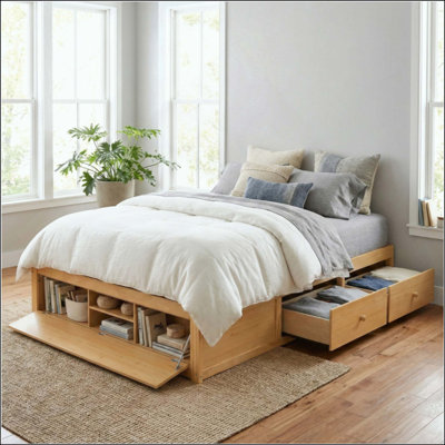 Modern No Headboard Platform Bed Frame, Space-Saving Bed with 4 Storage Drawers & Hydraulic Lift Footboard Storage, No Box Spring Needed Bedroom Furniture