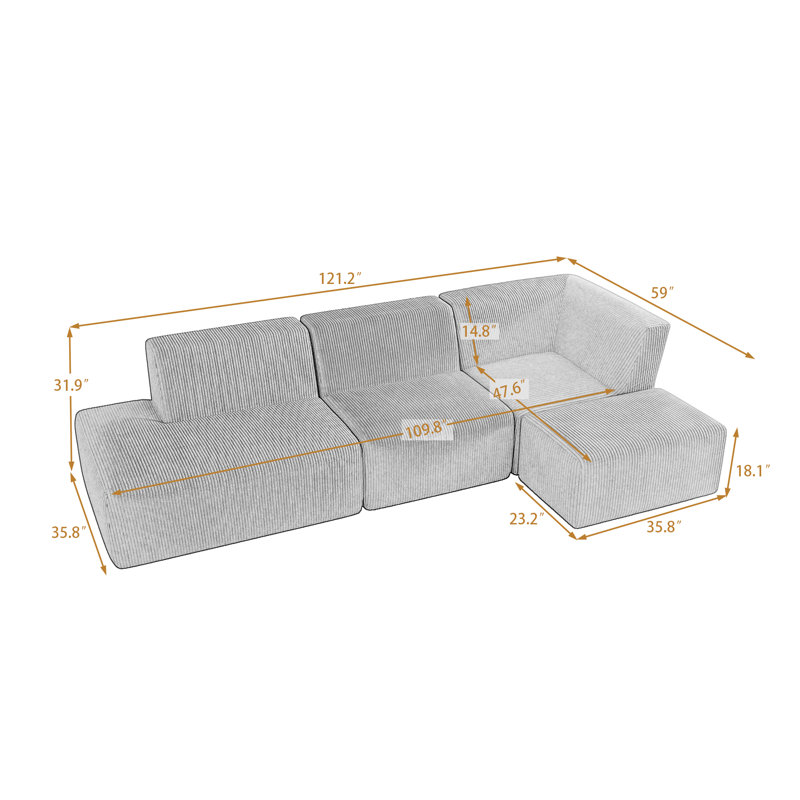 Berlare 4 - Piece Upholstered Boneless Compression Corduroy Modular Sectional Sofa Set with Removable Ottoman – Fully Compressed, No Assembly Required