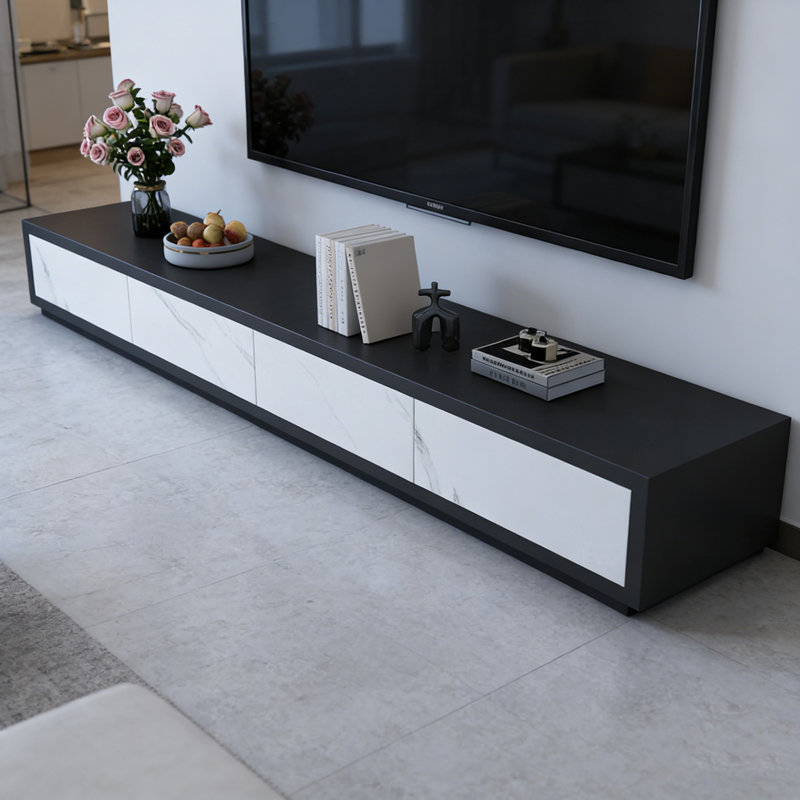 Meuble télé 4 tiroirs Minimalisme, White/Black/Light Grey, 15.74"H x 86.61"L x 15.74"W