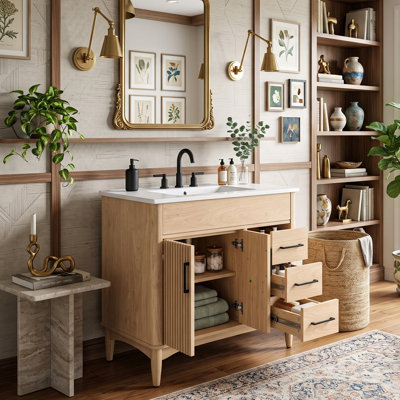Meuble-lavabo moderne autoportant de 76 cm avec lavabo en céramique, armoire en bois d'hévéa massif, 3 tiroirs à fermeture douce et étagère réglable en forme de U (bois naturel).