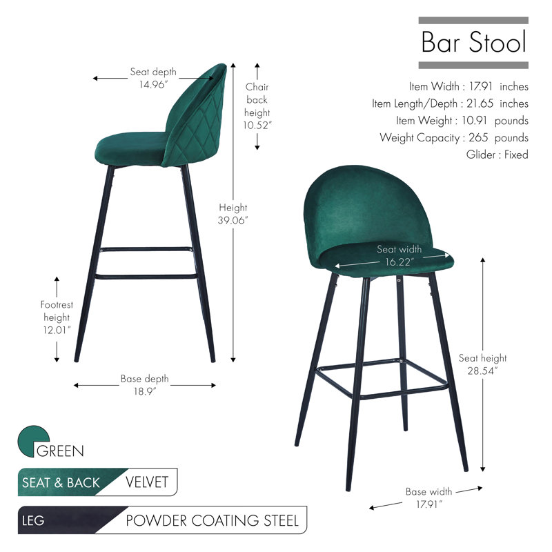 Everly Quinn Eisele Bar Stools Set Of 2, Velvet Upholstery, Steel Legs, Green