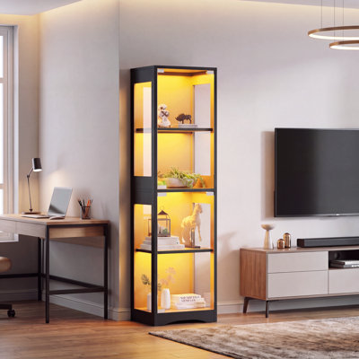 13.7" Narrow Display Cabinet with Adjustable RGB LED Lights & Shelves, Tempered Glass Door Storage Cabinet, Freestanding Curio Cabinet for Collectibles, Figurines, Bedroom, Living Room