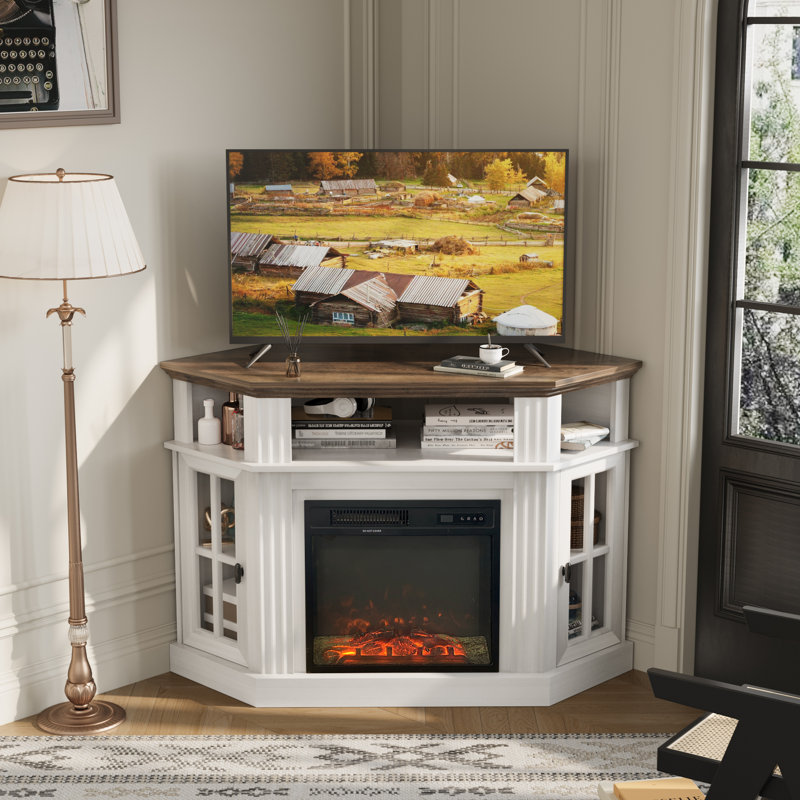 47.2" W Corner Fireplace TV Stand for TVs up to 55" with Electric Fireplace, Brown/White